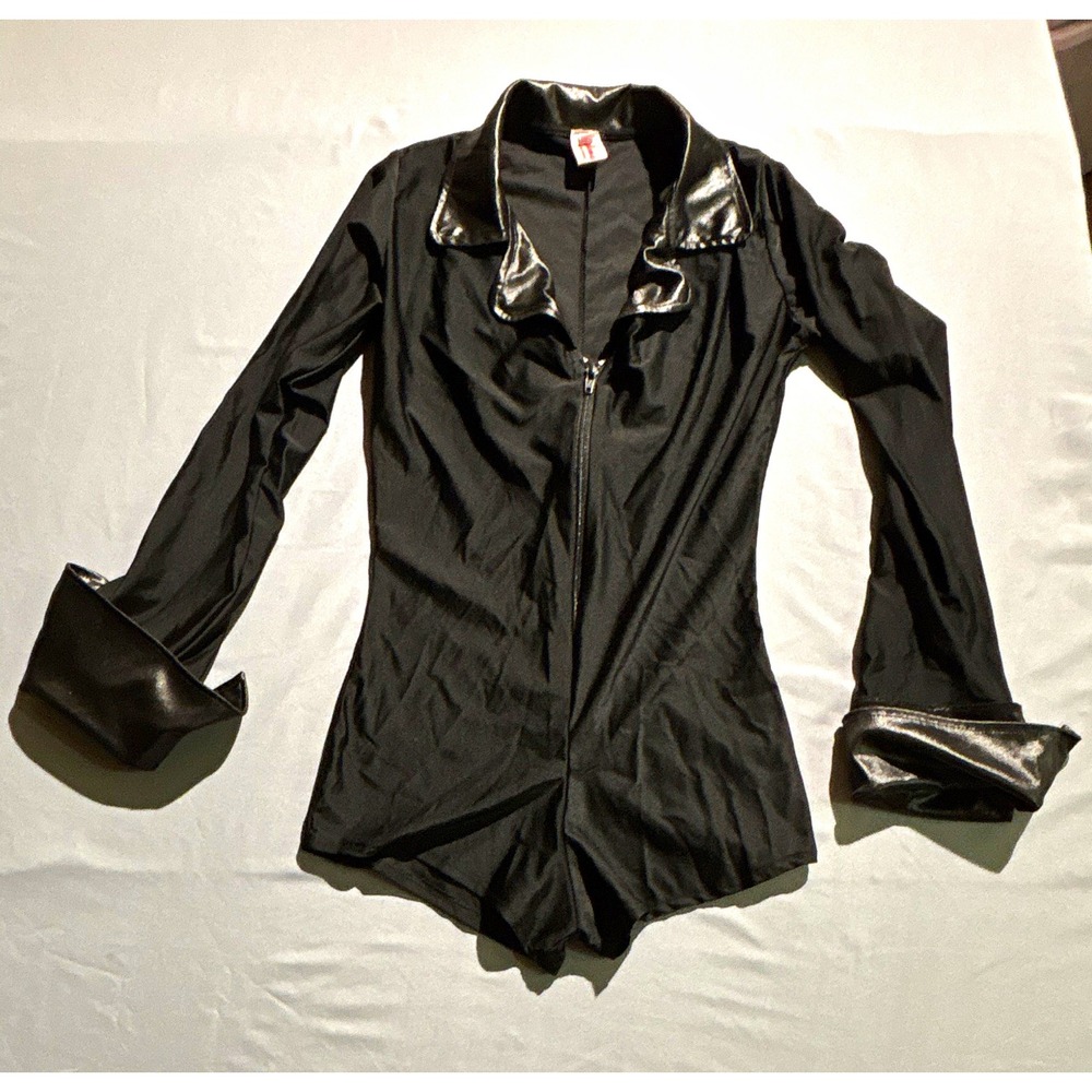 Roma Hollywood Black Romper Metallic Collar Cuffs Zip Front S/M Made in USA